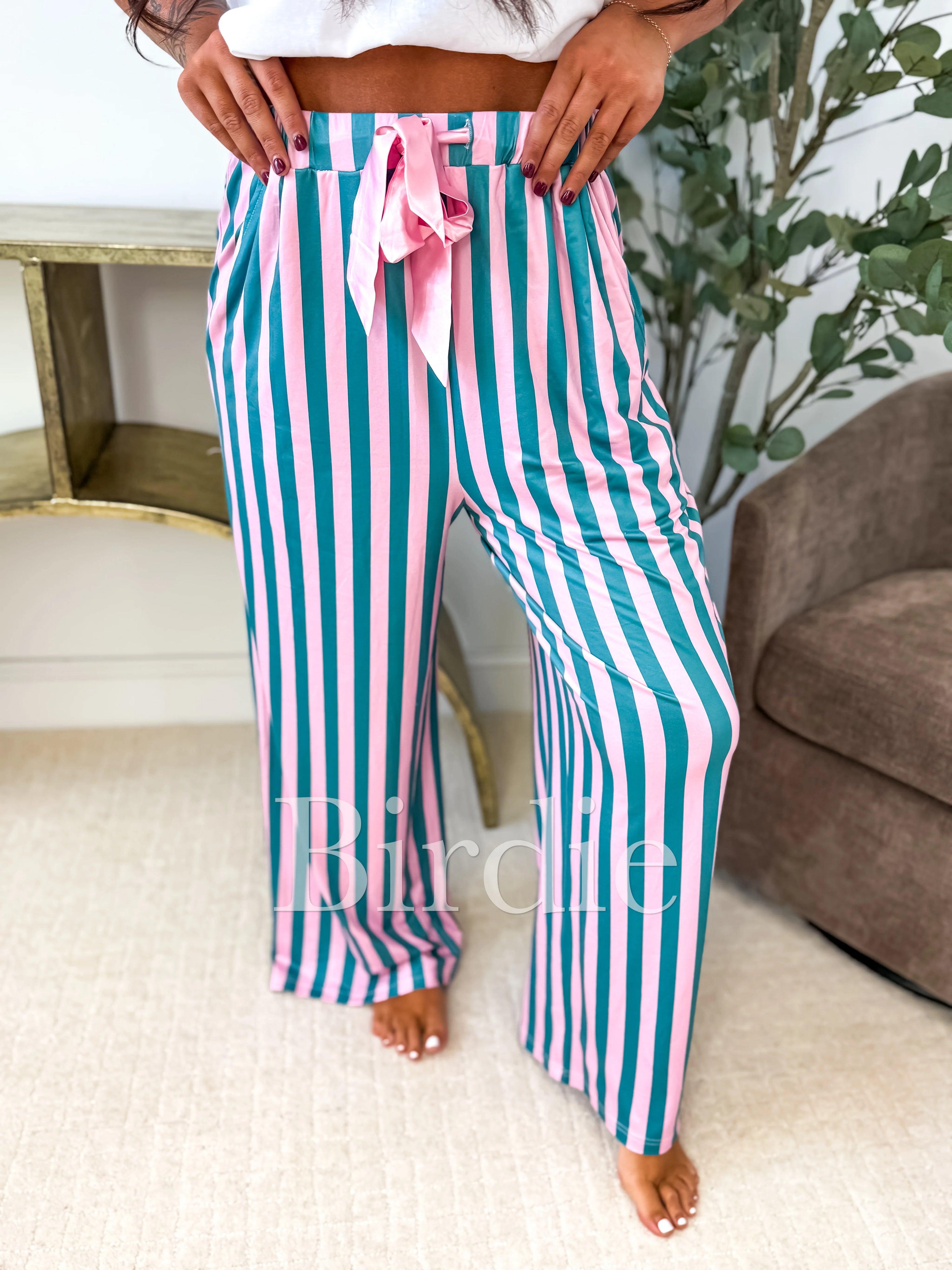 BIRDIE PREORDER Stretchy Lounge Pants in Green and Pink Stripe